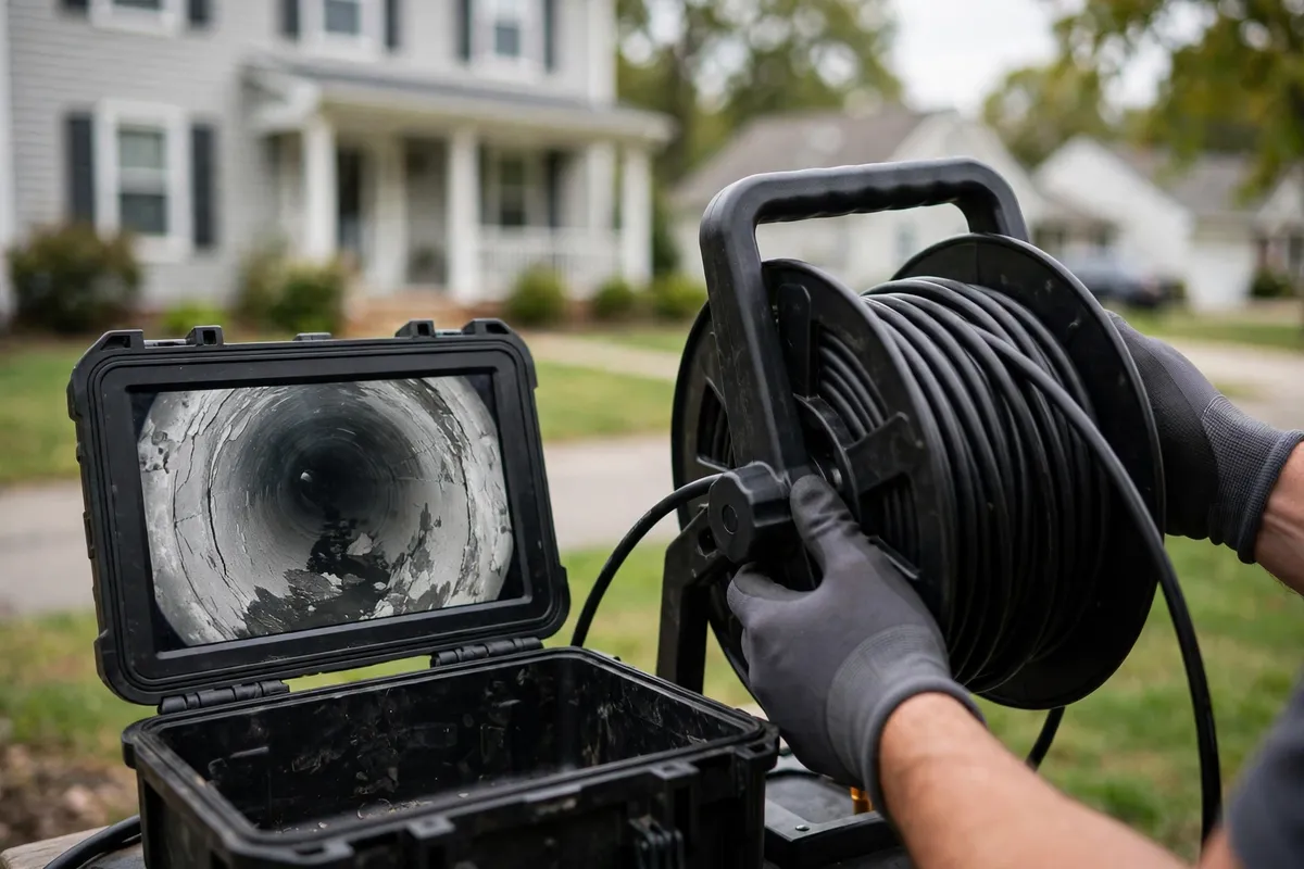 Sewer camera inspection screen showing the inside of a pipe