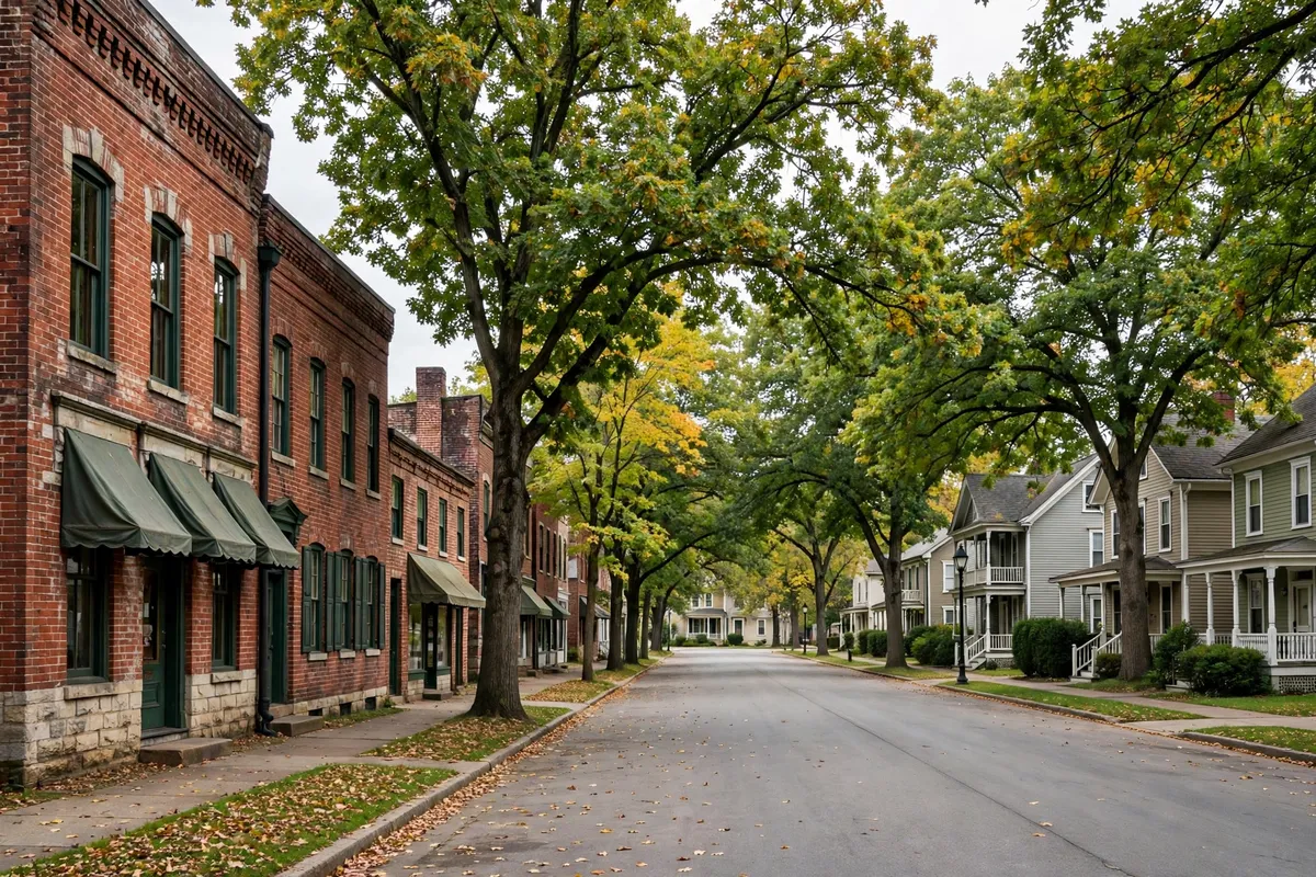 Tree-lined street in Old Town Greenwood, Indiana